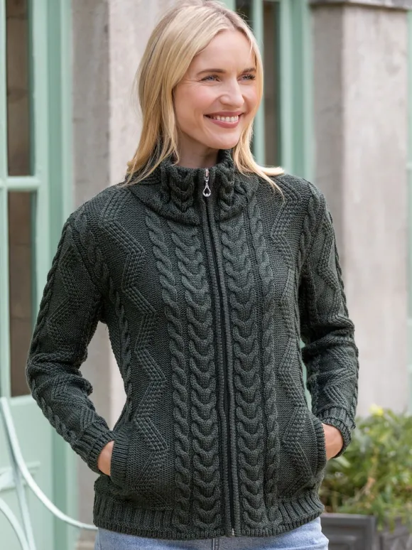 Discount Sweater Shop Ladies Aran Turtleneck Zip Cardigan - Army Green