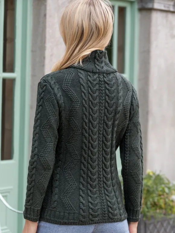 Discount Sweater Shop Ladies Aran Turtleneck Zip Cardigan - Army Green