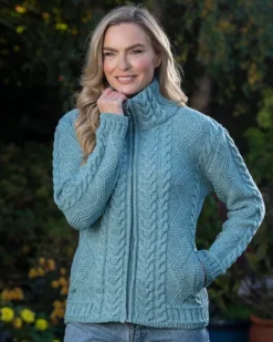Best Sweater Shop Ladies Aran Turtleneck Zip Aqua
