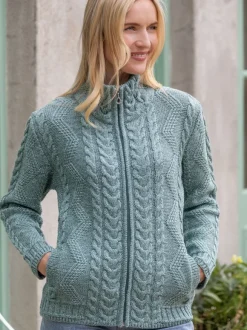 Best Sweater Shop Ladies Aran Turtleneck Zip Aqua