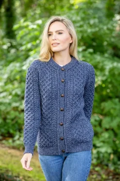 Outlet Sweater Shop Ladies Cable Knit Cardigan Denim Marl