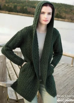 Fashion Sweater Shop Ladies Herringbone Shawl Collar Hooded Coat Army