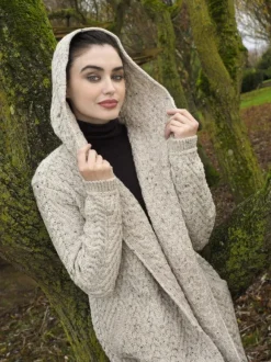New Sweater Shop Ladies Herringbone Shawl Collar Hooded Coat Oatmeal
