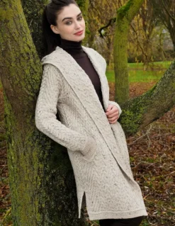 New Sweater Shop Ladies Herringbone Shawl Collar Hooded Coat Oatmeal