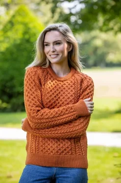 Clearance Sweater Shop Ladies Merino Wool Aran Sweater - Orange