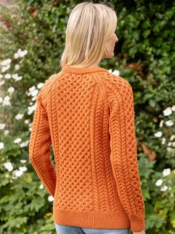 Clearance Sweater Shop Ladies Merino Wool Aran Sweater - Orange