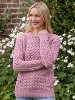 Hot Sweater Shop Ladies Merino Wool Fitted Aran Sweater Pink