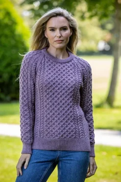 Fashion Sweater Shop Ladies Merino Wool Fitted Aran Sweater LAVENDER