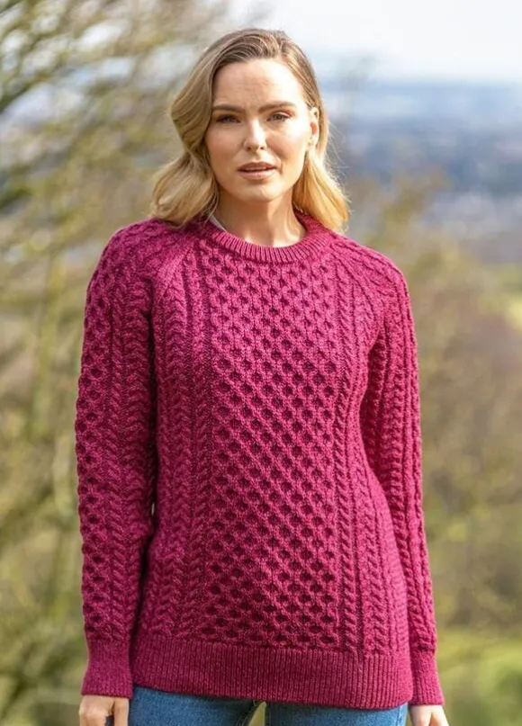 New Sweater Shop Ladies Merino Wool Fitted Aran Sweater Raspberry