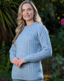 Sale Sweater Shop Ladies Merino Wool Fitted Aran Sweater Sky Blue