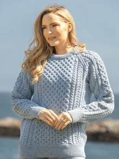 Sale Sweater Shop Ladies Merino Wool Fitted Aran Sweater Sky Blue
