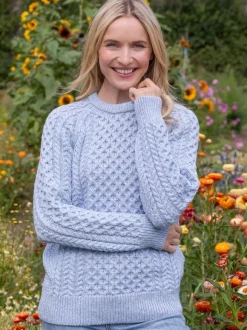 Sale Sweater Shop Ladies Merino Wool Fitted Aran Sweater Sky Blue