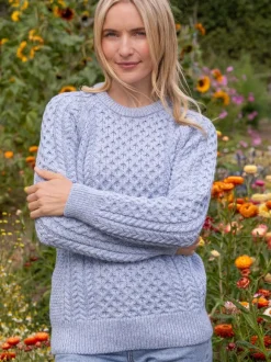 Sale Sweater Shop Ladies Merino Wool Fitted Aran Sweater Sky Blue