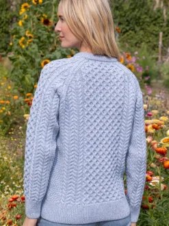 Sale Sweater Shop Ladies Merino Wool Fitted Aran Sweater Sky Blue