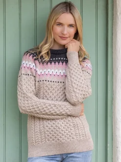 Discount Sweater Shop Ladies Merino Wool Fitted Fairisle Sweater Oatmeal