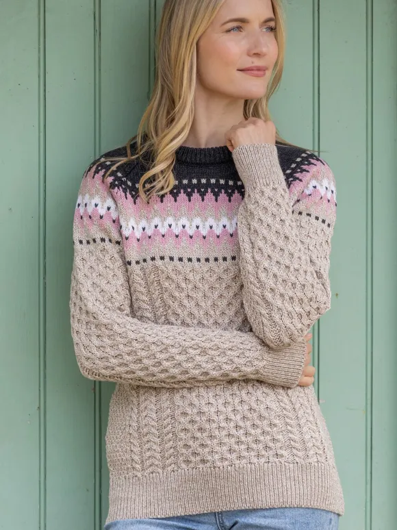 Discount Sweater Shop Ladies Merino Wool Fitted Fairisle Sweater Oatmeal