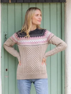 Discount Sweater Shop Ladies Merino Wool Fitted Fairisle Sweater Oatmeal