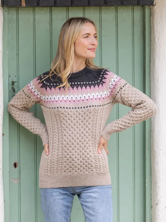 Discount Sweater Shop Ladies Merino Wool Fitted Fairisle Sweater Oatmeal