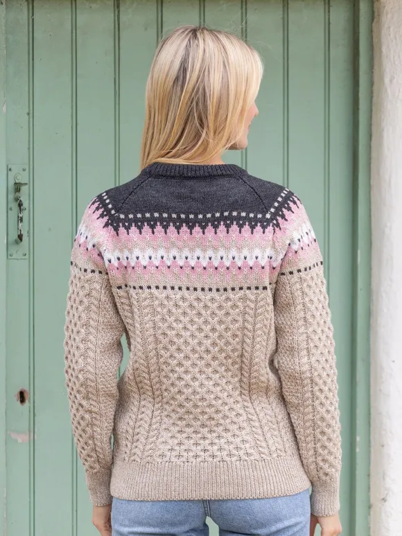 Discount Sweater Shop Ladies Merino Wool Fitted Fairisle Sweater Oatmeal