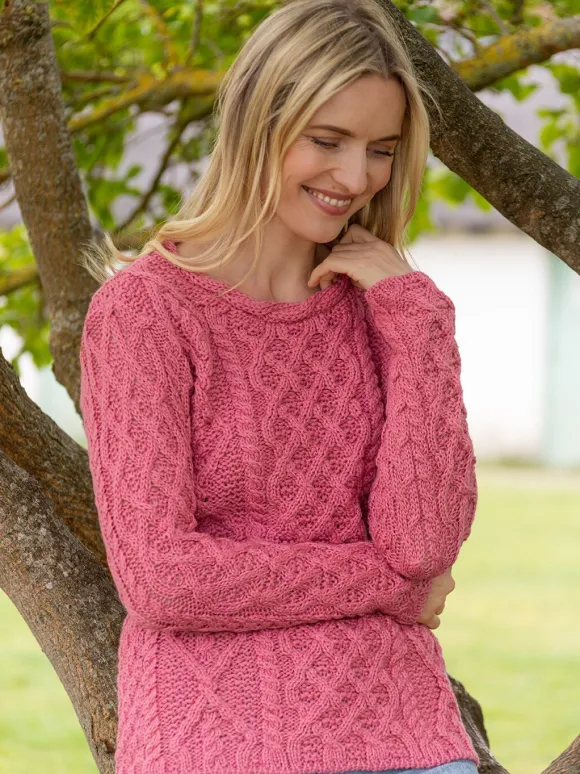 Hot Sweater Shop Lambay Lattice Cable Aran Sweater Rosa Pink