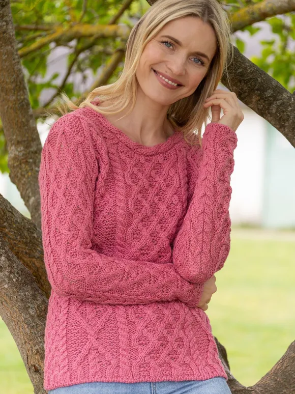 Hot Sweater Shop Lambay Lattice Cable Aran Sweater Rosa Pink