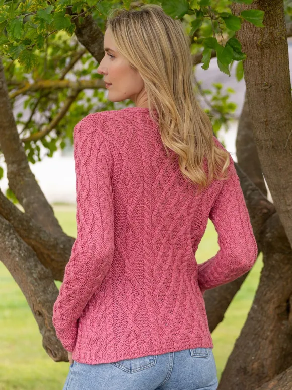 Hot Sweater Shop Lambay Lattice Cable Aran Sweater Rosa Pink