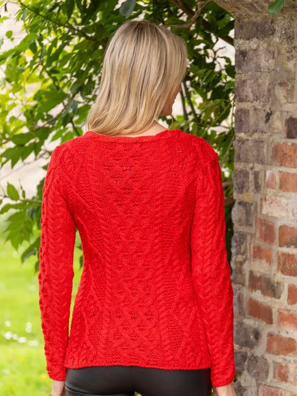 Fashion Sweater Shop Lambay Lattice Cable Knit Aran Sweater Scarlet