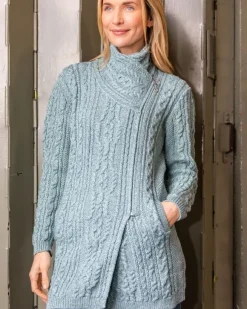 Sale Sweater Shop Long Side Zip Biker Jacket - 100% Merino Wool Aqua
