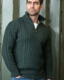 Hot Sweater Shop Mens Aran Half Zip Neck Sweater Army Green