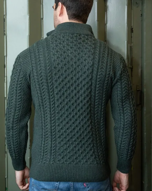 Hot Sweater Shop Mens Aran Half Zip Neck Sweater Army Green
