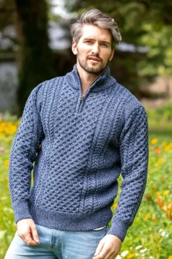 Online Sweater Shop Mens Aran Half Zip Neck Sweater Denim Marl