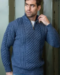 Online Sweater Shop Mens Aran Half Zip Neck Sweater Denim Marl