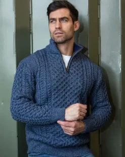 Online Sweater Shop Mens Aran Half Zip Neck Sweater Denim Marl