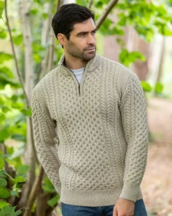 Fashion Sweater Shop Mens Aran Half Zip Neck Sweater Beige