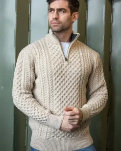 Fashion Sweater Shop Mens Aran Half Zip Neck Sweater Beige