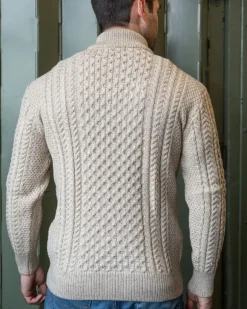 Fashion Sweater Shop Mens Aran Half Zip Neck Sweater Beige