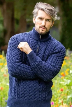 Hot Sweater Shop Mens Aran Half Zip Neck Sweater Deep Water Blue