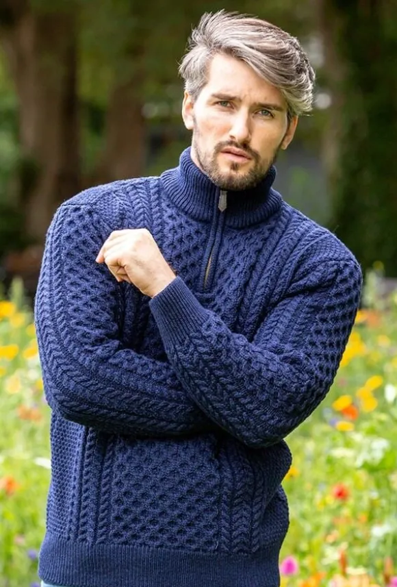 Hot Sweater Shop Mens Aran Half Zip Neck Sweater Deep Water Blue