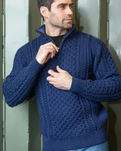 Hot Sweater Shop Mens Aran Half Zip Neck Sweater Deep Water Blue