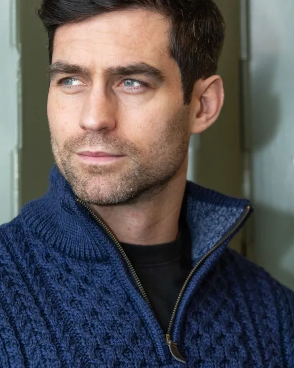 Hot Sweater Shop Mens Aran Half Zip Neck Sweater Deep Water Blue