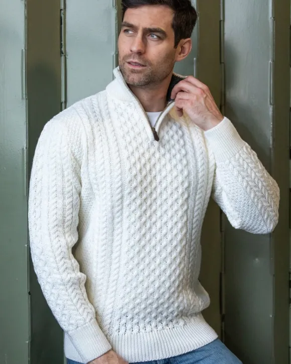 Discount Sweater Shop Mens Aran Half Zip Neck Sweater Natural