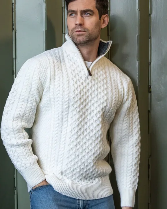 Discount Sweater Shop Mens Aran Half Zip Neck Sweater Natural