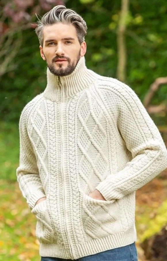 Fashion Sweater Shop Mens Aran Handknit Full Zip Merino Wool Cardigan
