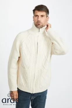 Fashion Sweater Shop Mens Aran Handknit Full Zip Merino Wool Cardigan