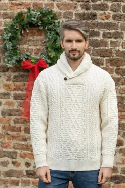 Best Sweater Shop Men's Aran Shawl Neck Merino Wool Sweater