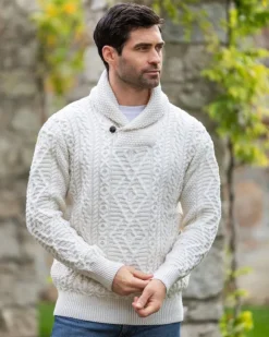 Best Sweater Shop Men's Aran Shawl Neck Merino Wool Sweater