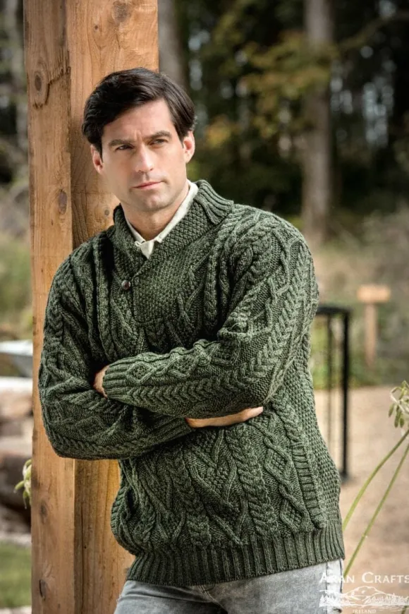 New Sweater Shop Mens Aran Shawl Neck Sweater Green