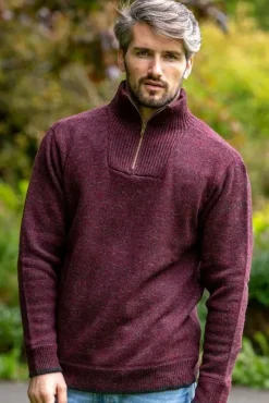 Clearance Sweater Shop Men's Burgundy Lambswool Half Zip Sweater