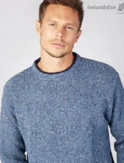 Hot Sweater Shop Men's Crew Neck Wool and Cashmere Sweater Blue Ocean