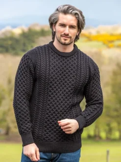 Fashion Sweater Shop Mens Fisherman Merino Wool Sweater Black